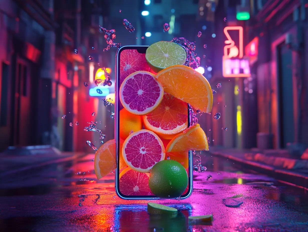 totally digital_orbit_social Total Digital Marketing citrus fruit bunch bursting out of iphone in dark ally with orbit social neon lighting