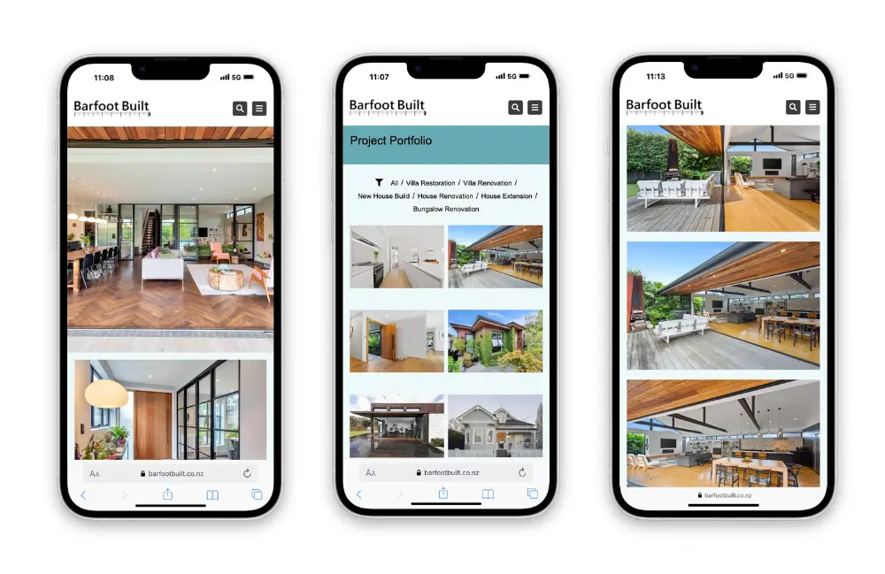 wordpress wed design barfoot auckland nz Three mobile phone screens showing wordpress web design layout for builder service website akl nz totally digital orbit social