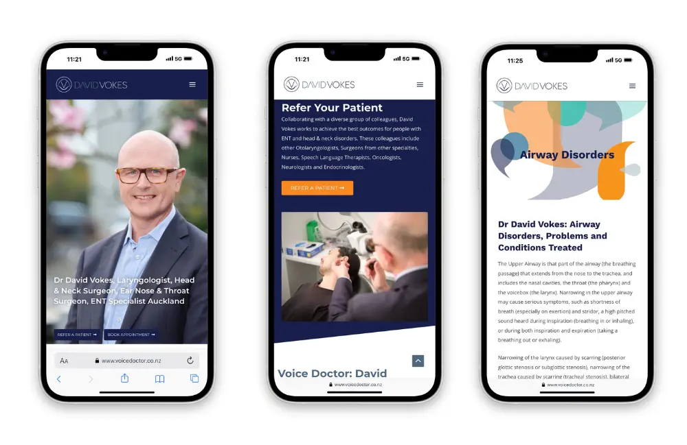 wordpress wed design surgeon medical health auckland nz Three mobile phone screens showing wordpress web design layout for surgeon website akl nz totally digital orbit social
